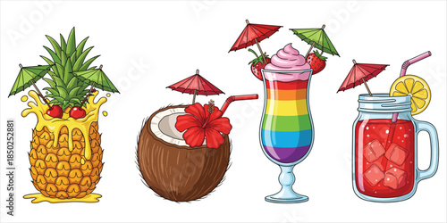 Tropical cocktails and drinks with fruits and umbrellas pineapple coconut