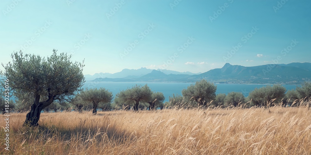 Obraz premium Olive trees and dry grass on a hillside with sea and mountain views, suitable for agricultural background use