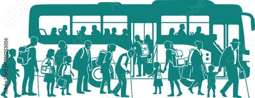 Multigenerational Passengers With Luggage Boarding A Bus Silhouette bags