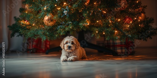 Poodle puppy lying under a ...
