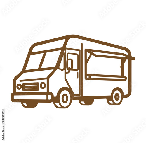 Brown outline illustration of a food truck on a white background ready for service