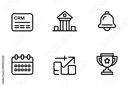 Business management and success icons: CRM, bank, bell, calendar, graph up, and trophy.