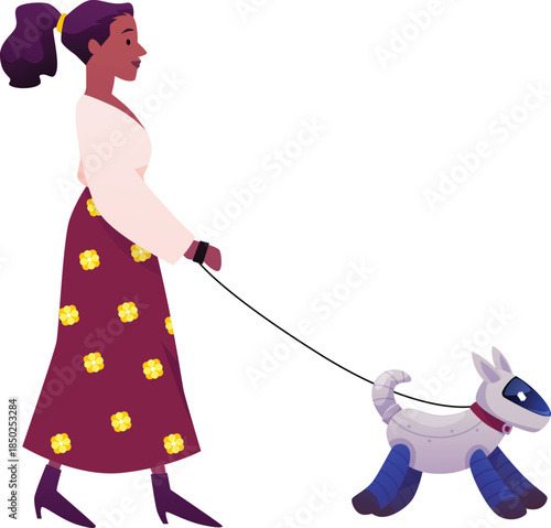 Woman walk with robotic dog on leash, Futuristic smart city, vector owner and artificial intelligence machine animal pet