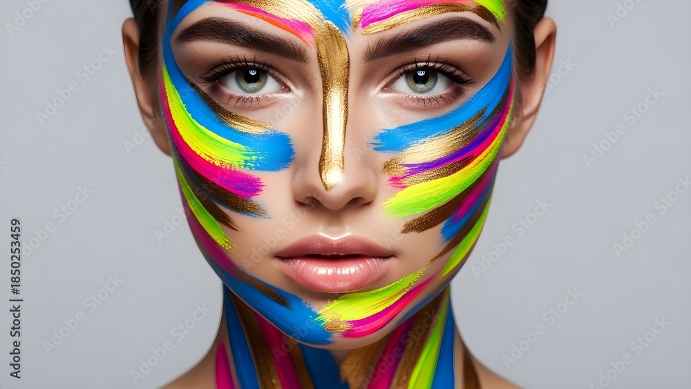 Fototapeta premium Stunning close up portrait of a woman with vibrant artistic makeup and gold accents against gray
