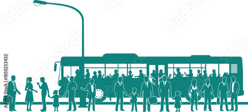 Silhouette of people boarding a bus under a street lamp on white background passengers waiting