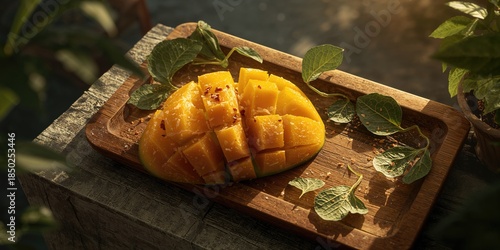 Fresh mango slices sprinkle...