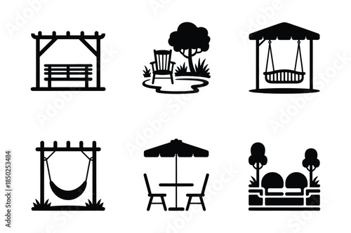 Backyard and patio icons: pergola, chair, swing, table, and outdoor seating
