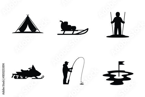 Winter Activity Icons in Silhouette: Tent, Sled, Skis, Snowmobile, Fishing, and Golf