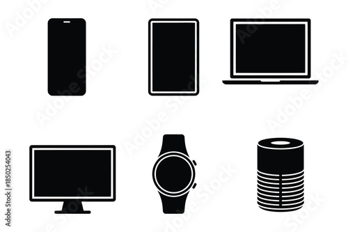 Electronic Devices and Gadgets in Black Silhouette: Smartphone, Tablet, Laptop, and Monitor