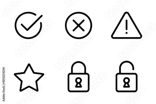 Set of 6 simple icons for approvals, decisions, and security: checkmark, cross, warning, star, locked padlock, and unlocked padlock.