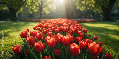 Vibrant tulips in a lush fl...