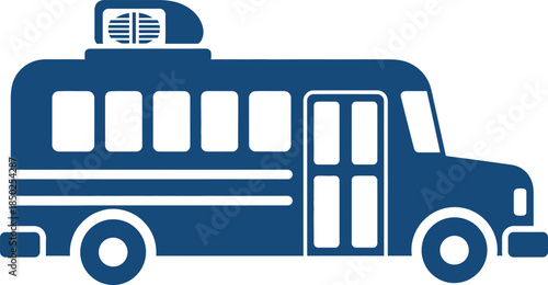 Simple blue icon of a school bus with windows and doors transportation symbol