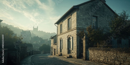 Fototapeta Naklejka Na Ścianę i Meble -  Stone wall and window of ancient houses on a city street, highlighting urban heritage conservation