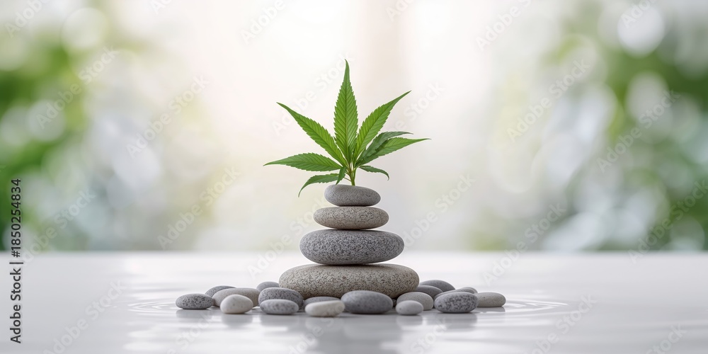 Naklejka premium Cannabis plant growing among pebbles, highlighting sustainable cultivation, World Cannabis Day