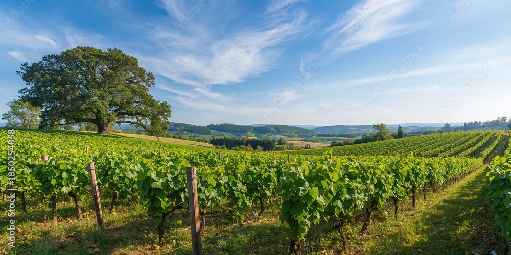 Fototapeta premium Vineyard in spring with lush foliage, seasonal growth and renewal, Earth Day