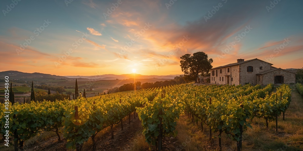 Fototapeta premium Sunset over expansive vineyard fields, showcasing rural landscape and crop maturity