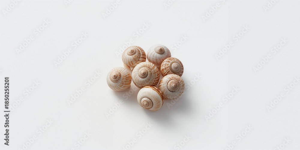 Fototapeta premium White background with multiple snail shells, ideal for nature-themed layout or educational material
