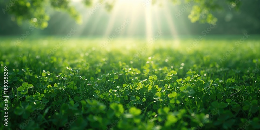 Fototapeta premium Sunlit green clover ground cover serving as natural landscape, Earth Day