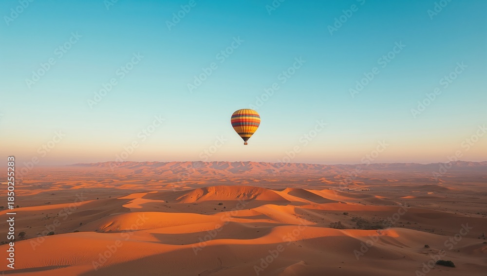 Fototapeta premium Hot air balloon floating over arid desert terrain during sunrise, highlighting weather conditions and natural preservation