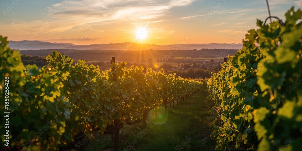 Fototapeta premium South Styria Vineyards scenery during spring sunset near the Slovenia Austria border, seasonal change