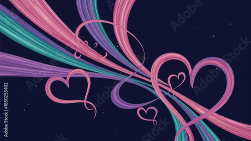 Vibrant heart shapes in pink, purple, and teal on dark blue