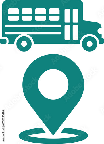 Teal school bus icon with location pin symbol on white background transportation