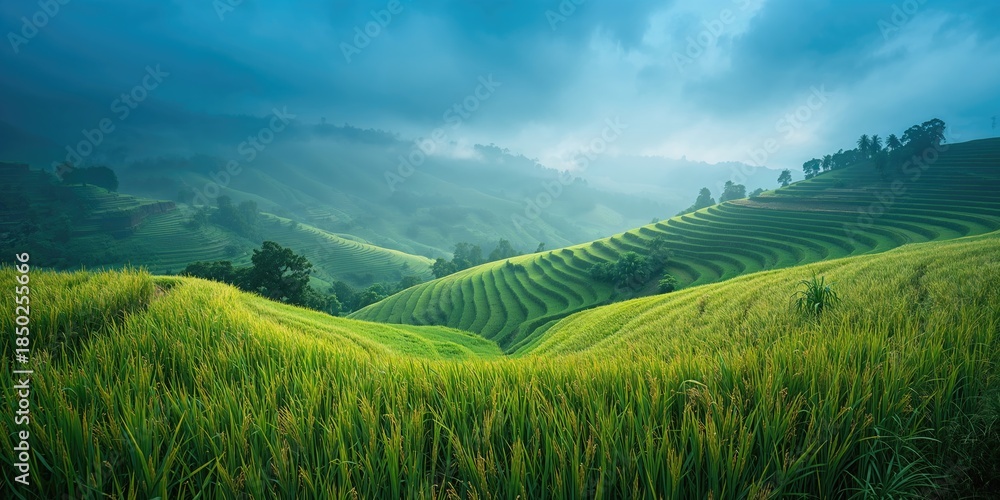 Obraz premium Rice terraces on a hillside illustrating land preservation methods, Earth Day
