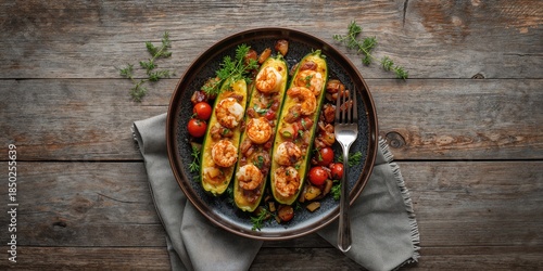 Zucchini boats with shrimp,...