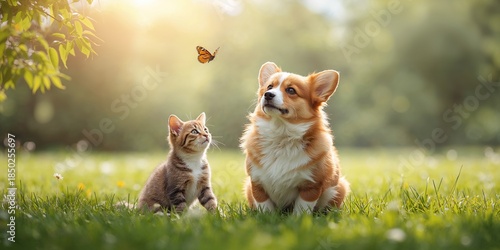 A feline and a corgi sittin...