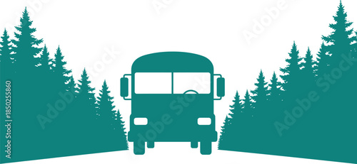 Teal school bus silhouette driving through a forest on white background trees pine trees