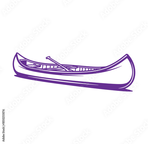 Purple illustrated canoe with paddle isolated on white background for outdoor recreation