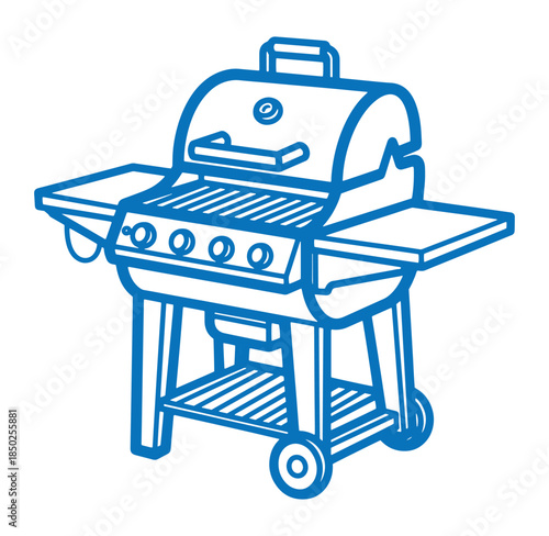 Modern blue outline illustration of a gas grill perfect for outdoor cooking and grilling