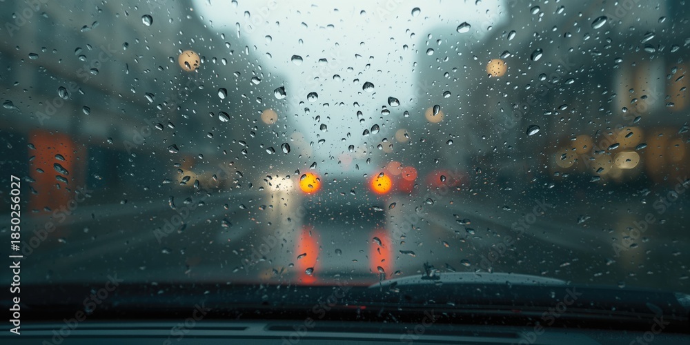 Fototapeta premium Raindrops on a vehicle's front glass, illustrating the importance of windshield maintenance in rainy weather