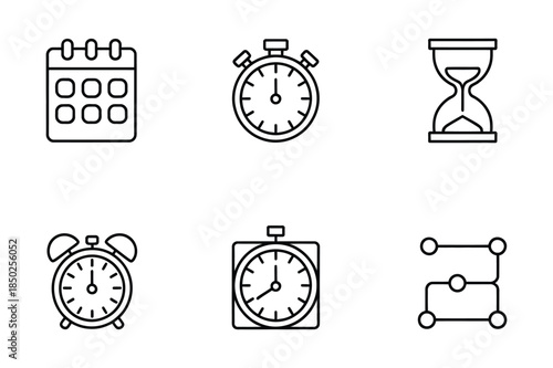 Simple line icons related to time management, scheduling, and deadlines, perfect for productivity apps and project timelines.