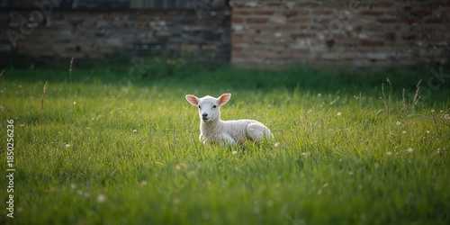 Young lamb grazing near a b...