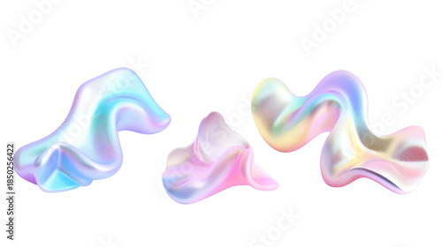 Set of pastel shapes fluid holographic Iridescent 3D render icon isolated on white background