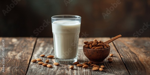 Almond milk in a glass with...