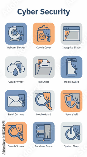 Set of Cyber Security Icons in Blue and Orange Color Scheme on White Background