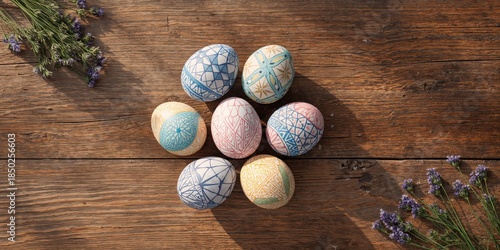 Top view of Easter decorati...