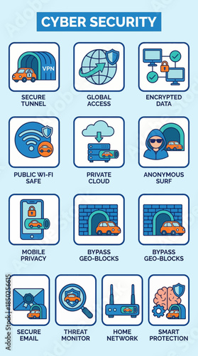 Pixelated Cyber Security Icon Set on a Light Blue Background Featuring Various Concepts like Data Protection Global Access and Network Security