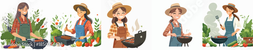 female farmer vector grilling meat