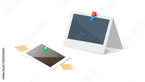 Vector illustration of two instant photo frames. One upright with a red pushpin, the other flat with a green pin and yellow tape, ideal for memory concepts