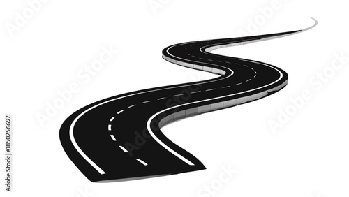 Abstract illustration of a curving black road with white markings, symbolizing a journey, future direction, or a challenging path ahead for progress