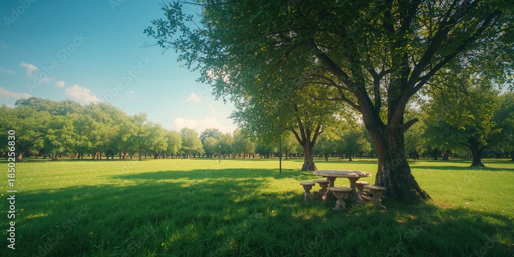 Fototapeta premium Quiet park setting with stone table and chair surrounded by abundant trees, suitable for outdoor activities