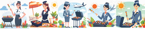vector of flight attendant grilling meat