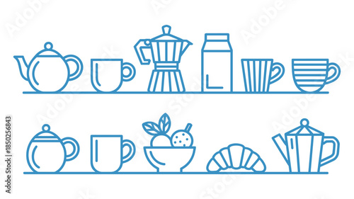 Collection of blue line art icons representing breakfast and beverage items on white background teapot