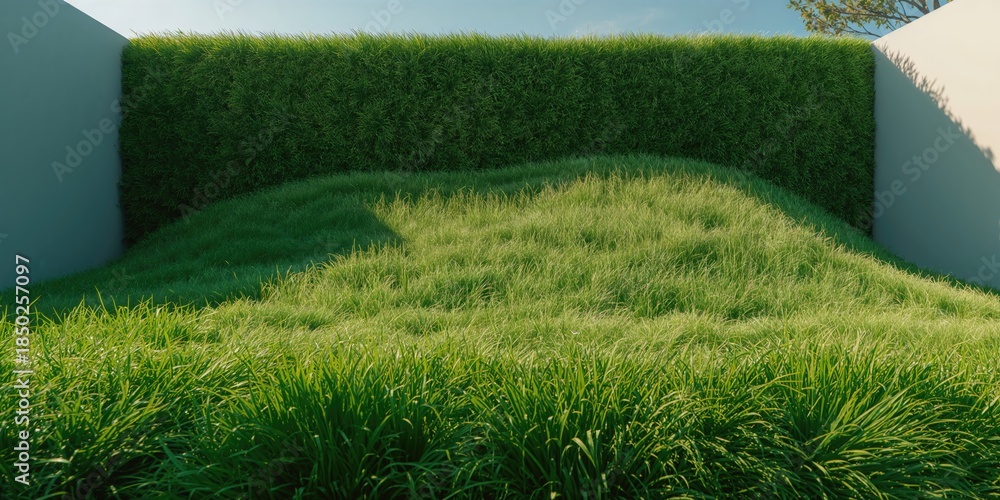 Fototapeta premium Outdoor sports setting with artificial grass green wall, suitable for layout and background applications