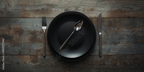 Black plate with utensils a...