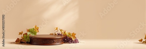 Wooden podium with leaves, ...