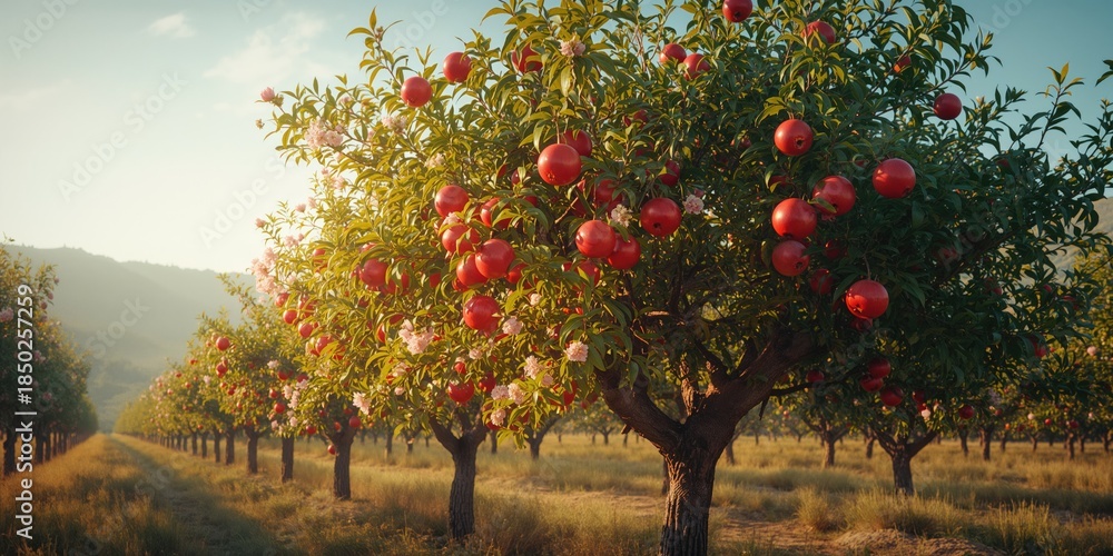 Fototapeta premium Red-ripe pomegranates on trees at a large orchard, highlighting agricultural productivity